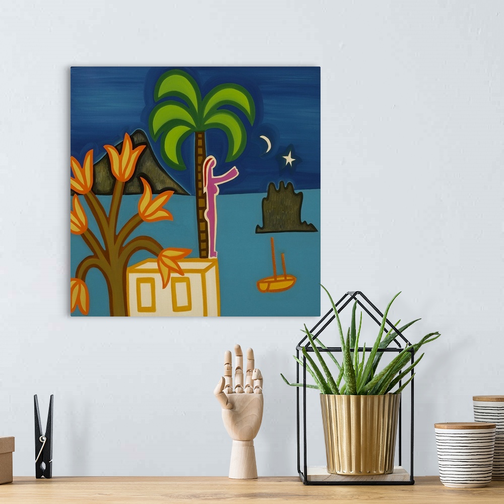 A bohemian room featuring Contemporary painting of a woman standing against a palm tree, looking out into the ocean.