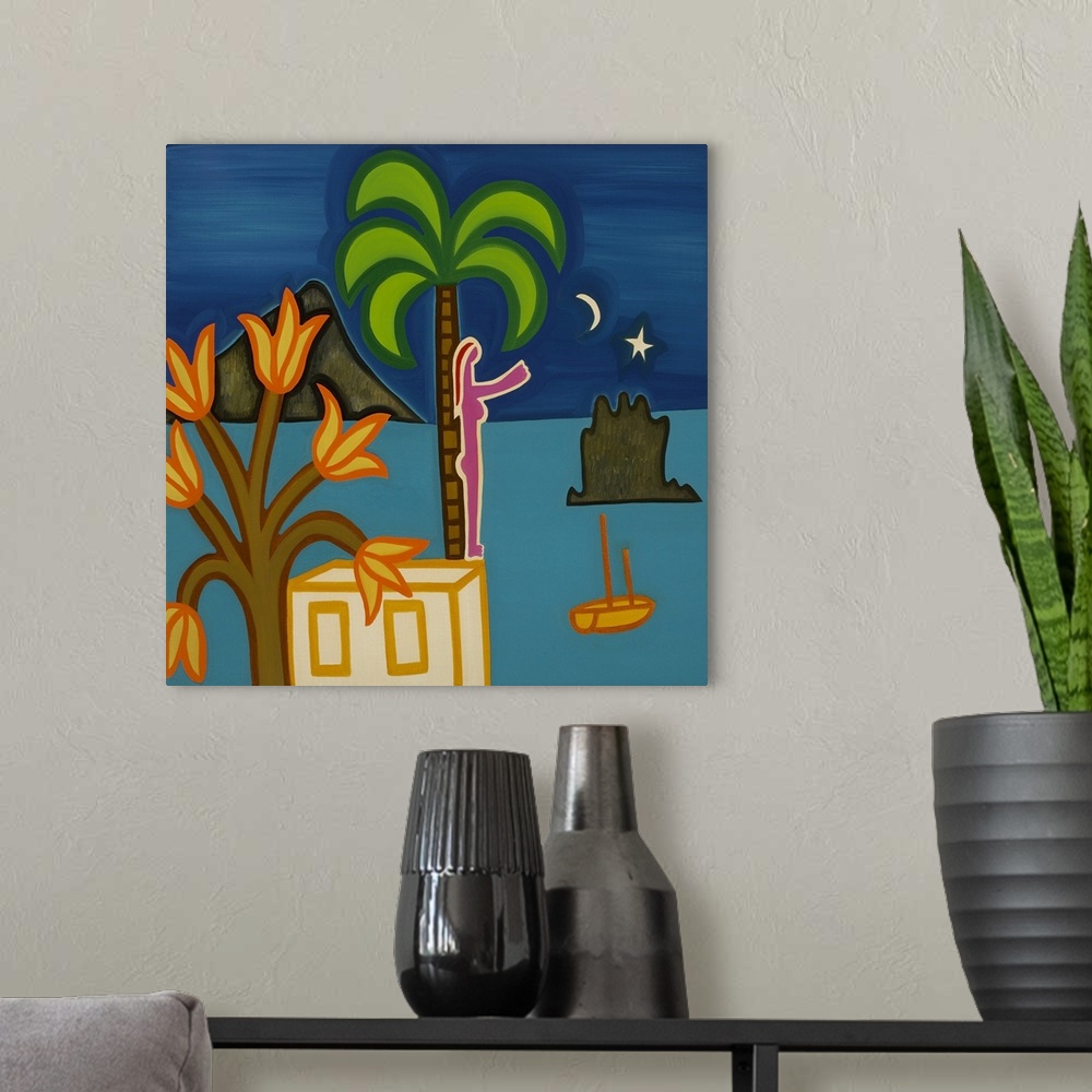 A modern room featuring Contemporary painting of a woman standing against a palm tree, looking out into the ocean.
