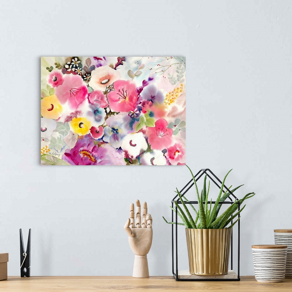 A bohemian room featuring Contemporary watercolor painting of a flowers.