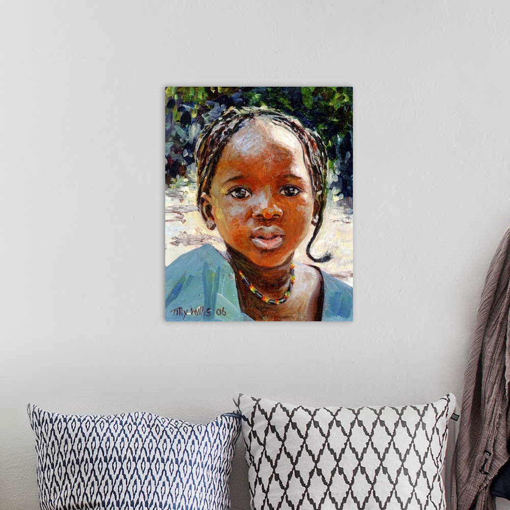 A bohemian room featuring Large, close up portrait painting of a young African-American girl with braids in her hair, weari...