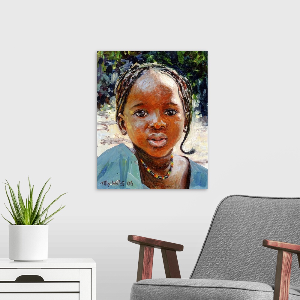 A modern room featuring Large, close up portrait painting of a young African-American girl with braids in her hair, weari...