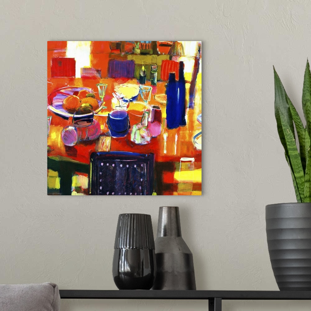 A modern room featuring Acrylic painting of items on a dinner table surrounded by chairs.  Some of the items include, a b...