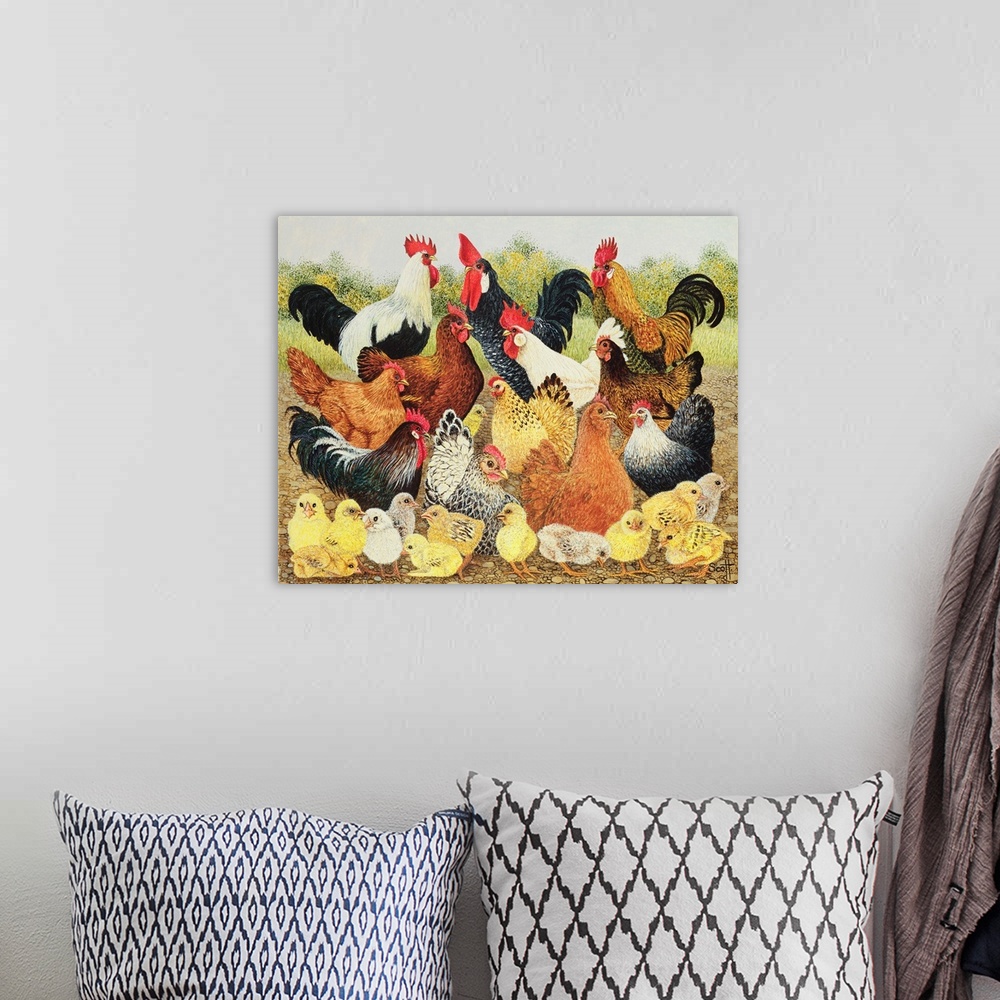 A bohemian room featuring Contemporary painting of several roosters, hens, and chicks.