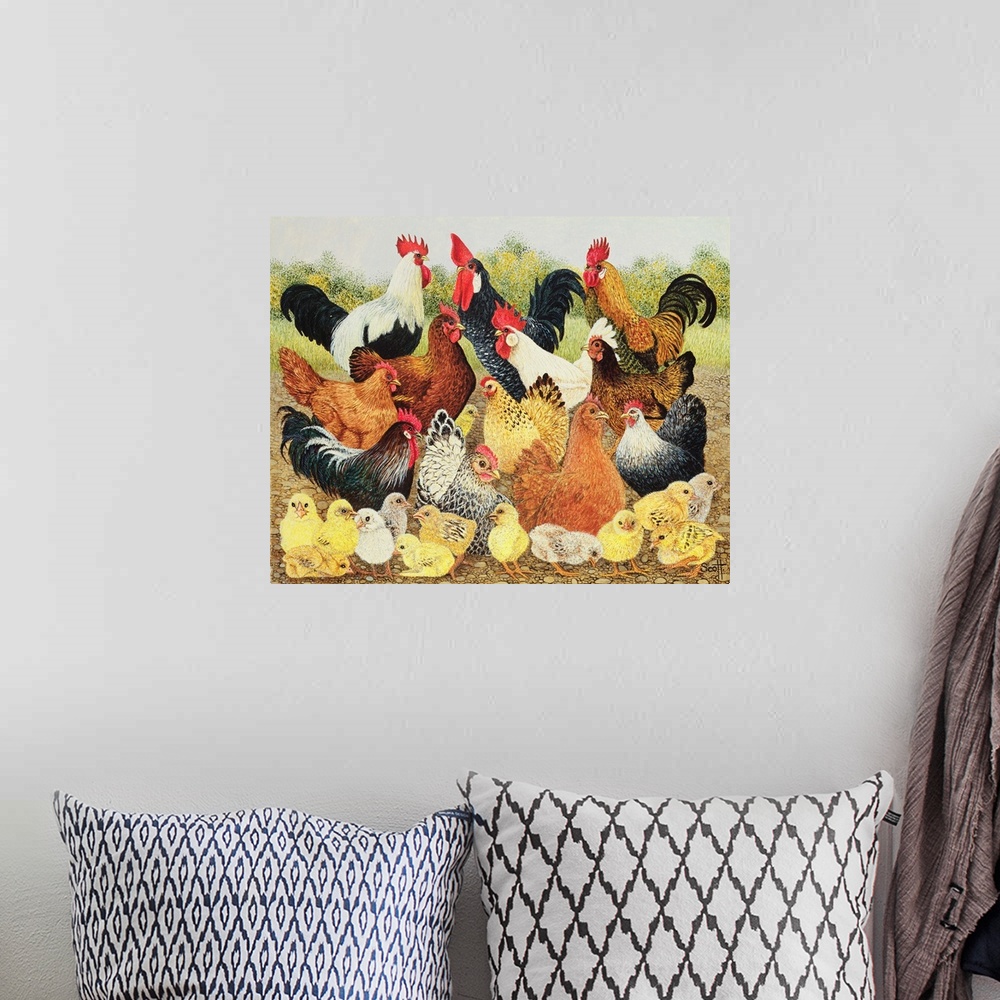 A bohemian room featuring Contemporary painting of several roosters, hens, and chicks.