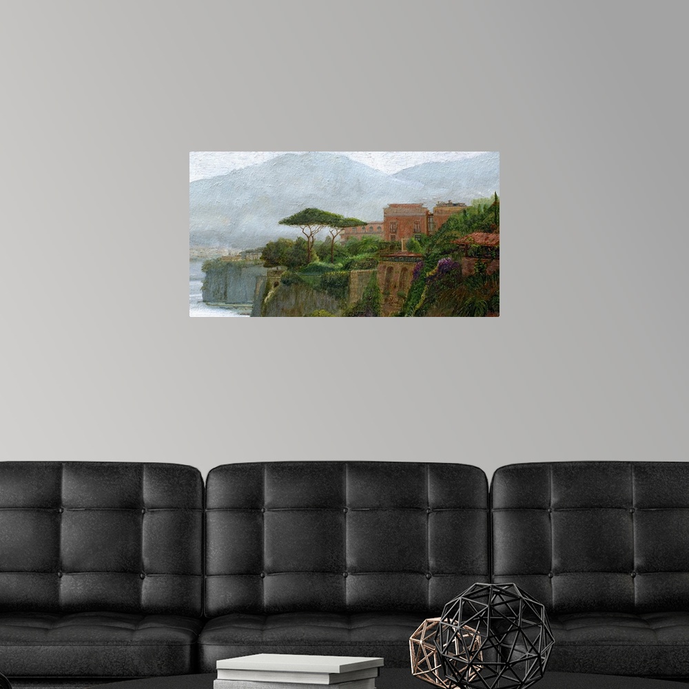 A modern room featuring A contemporary painting of an Italian village on the Amalfi Coast showing lush plants growing aro...