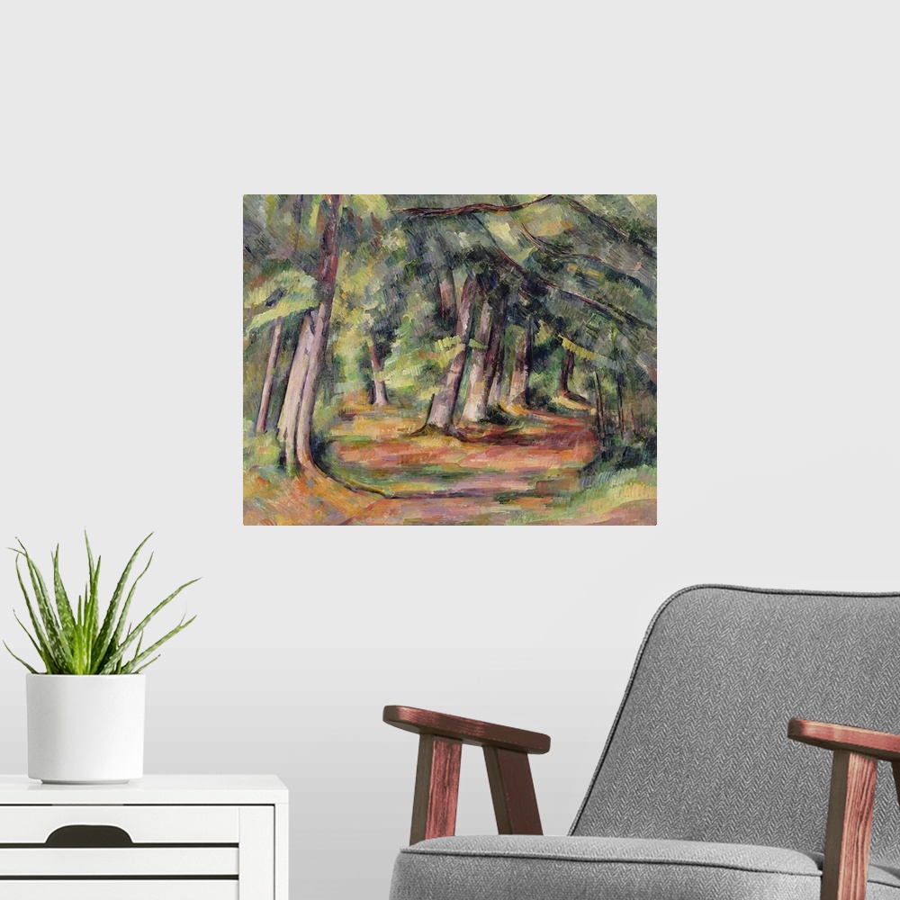 A modern room featuring "Under the Forest," a classic impressionist painting of a path through a wooded glade, with branc...
