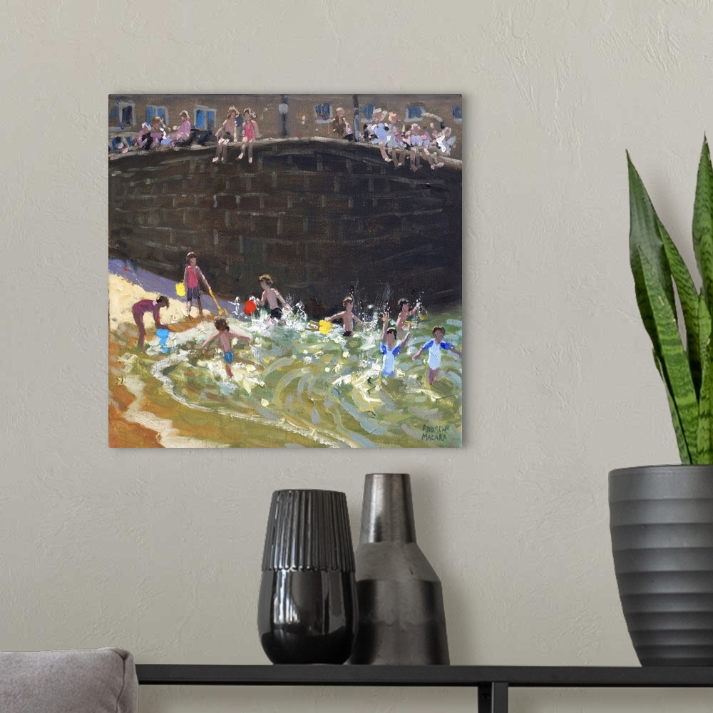 A modern room featuring Splashing in Tenby Harbour, 2016, originally oil on canvas.