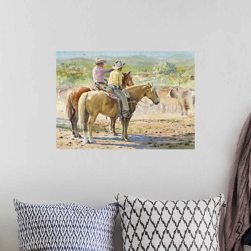 A bohemian room featuring "Splitting the herd" is a watercolor of an actual roundup in California. The history is sketchy b...