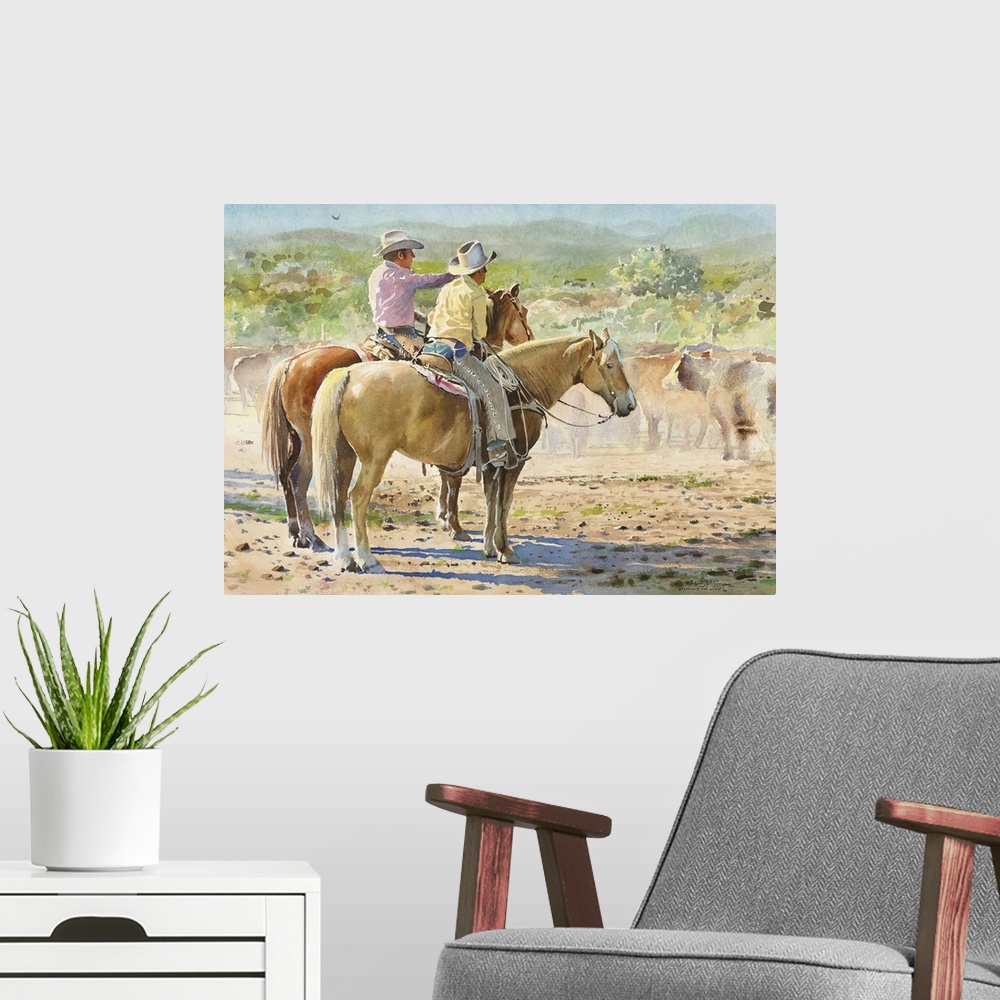 A modern room featuring "Splitting the herd" is a watercolor of an actual roundup in California. The history is sketchy b...