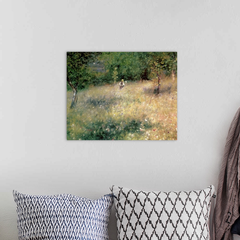 A bohemian room featuring A lone figure with a broad brimmed hat walks through a meadow of wild flowers towards the tree li...