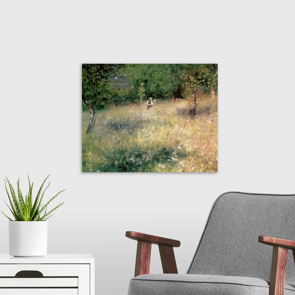 A modern room featuring A lone figure with a broad brimmed hat walks through a meadow of wild flowers towards the tree li...