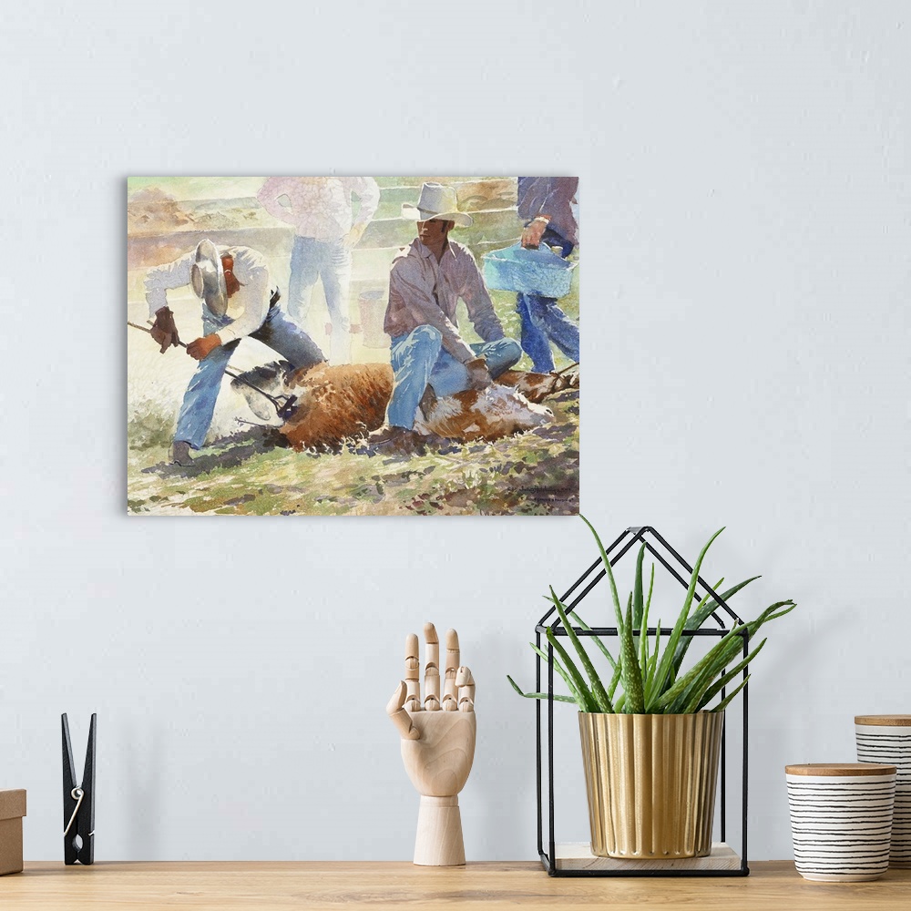 A bohemian room featuring "Spring Branding" is a watercolor of cattle being branded during a spring roundup in California. ...