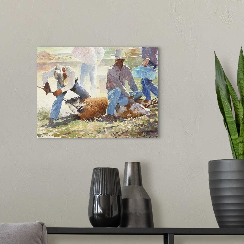 A modern room featuring "Spring Branding" is a watercolor of cattle being branded during a spring roundup in California. ...