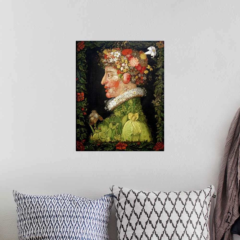 A bohemian room featuring Contemporary abstract painting of the profile of a person made out of flowers and leaves.