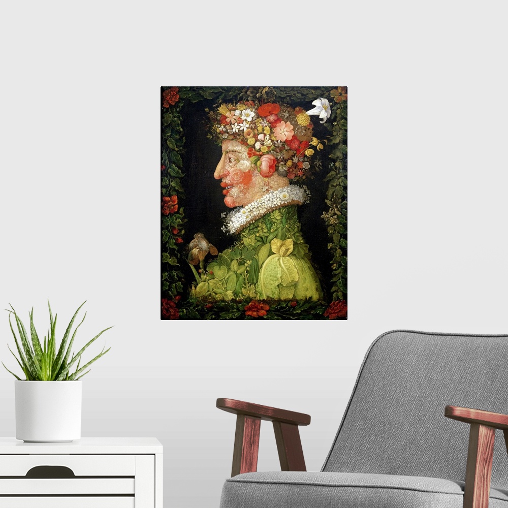 A modern room featuring Contemporary abstract painting of the profile of a person made out of flowers and leaves.