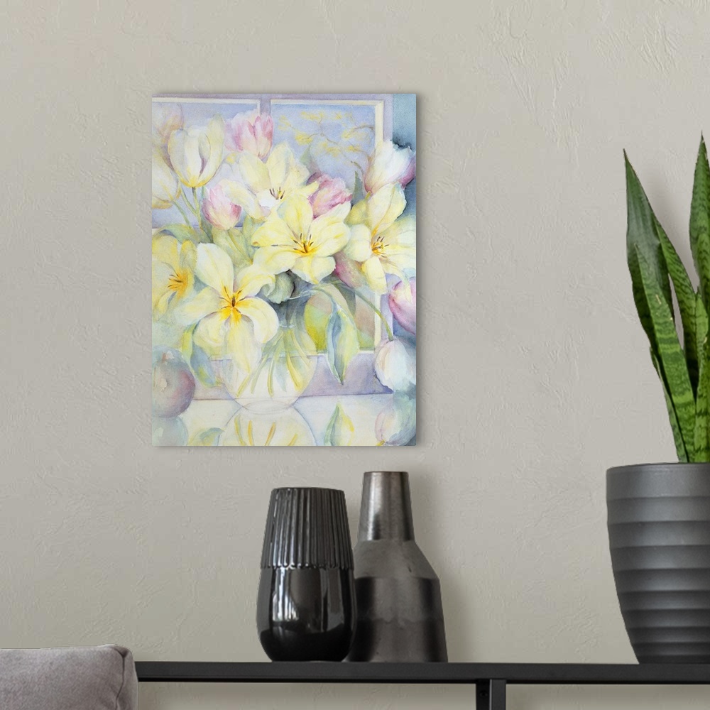 A modern room featuring Spring tulips