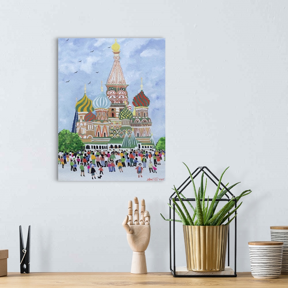 A bohemian room featuring Contemporary painting of a crowd in front of St. Basil's Cathedral in Russia.