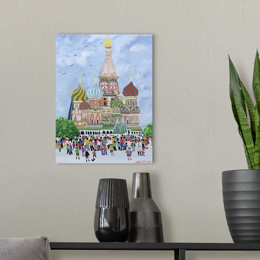 A modern room featuring Contemporary painting of a crowd in front of St. Basil's Cathedral in Russia.