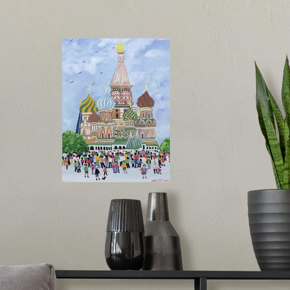 A modern room featuring Contemporary painting of a crowd in front of St. Basil's Cathedral in Russia.