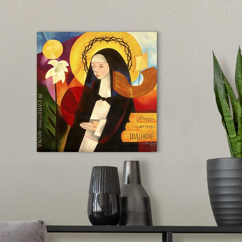 A modern room featuring Contemporary religious themed painting of St. Catherine.