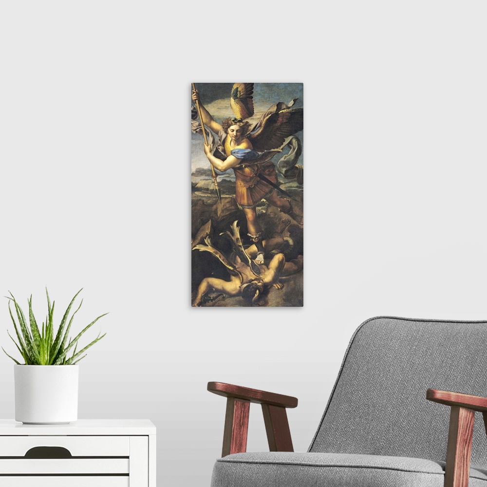 A modern room featuring XIR24940 St. Michael Overwhelming the Demon, 1518 (oil on canvas); by Raphael (Raffaello Sanzio o...