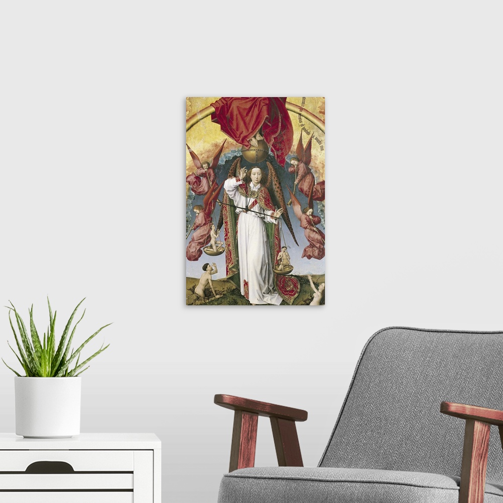 A modern room featuring St. Michael Weighing the Souls, from the Last Judgement, c.1445-50