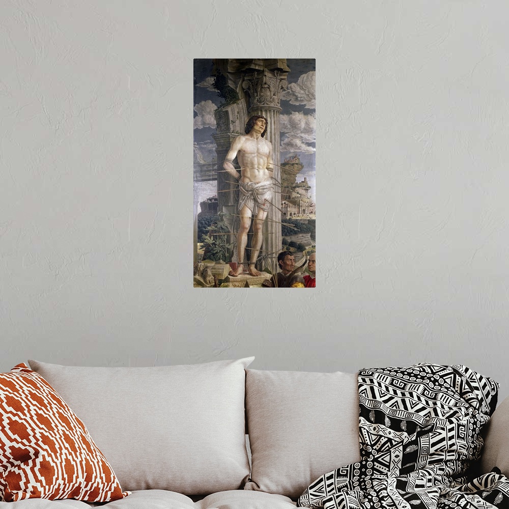 A bohemian room featuring XIR41738 St. Sebastian, 1481 (oil on canvas)  by Mantegna, Andrea (1431-1506); 255x140 cm; Louvre...