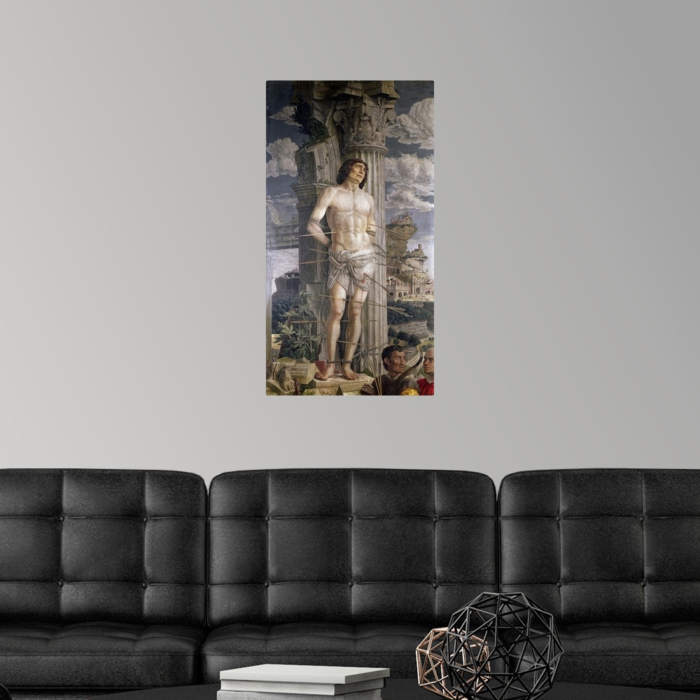 A modern room featuring XIR41738 St. Sebastian, 1481 (oil on canvas)  by Mantegna, Andrea (1431-1506); 255x140 cm; Louvre...
