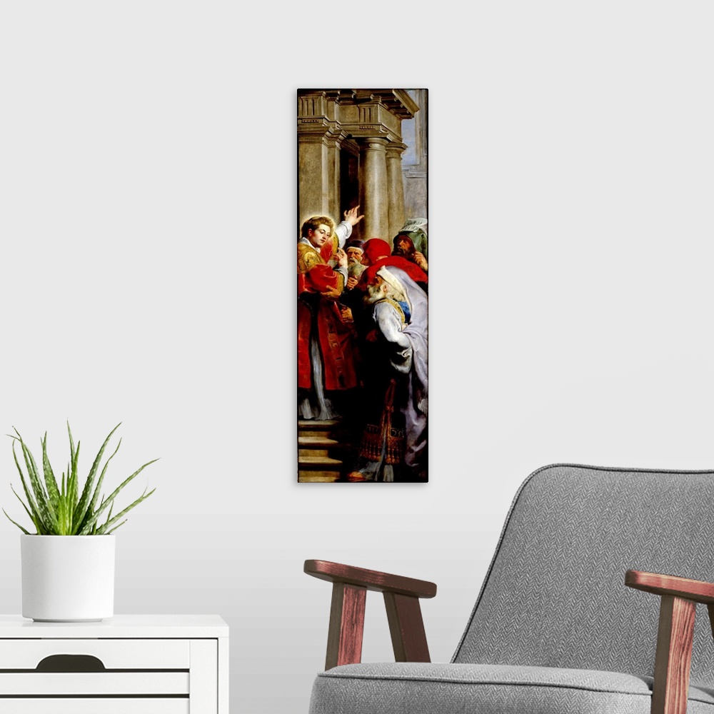 A modern room featuring XAV222782 St. Stephen Preaching, from the Triptych of St. Stephen (oil on panel)  by Rubens, Pete...