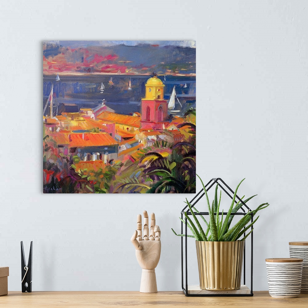 A bohemian room featuring Colorful oil painting of Mediterranean French Riviera with bright rooftops and waterfront that is...