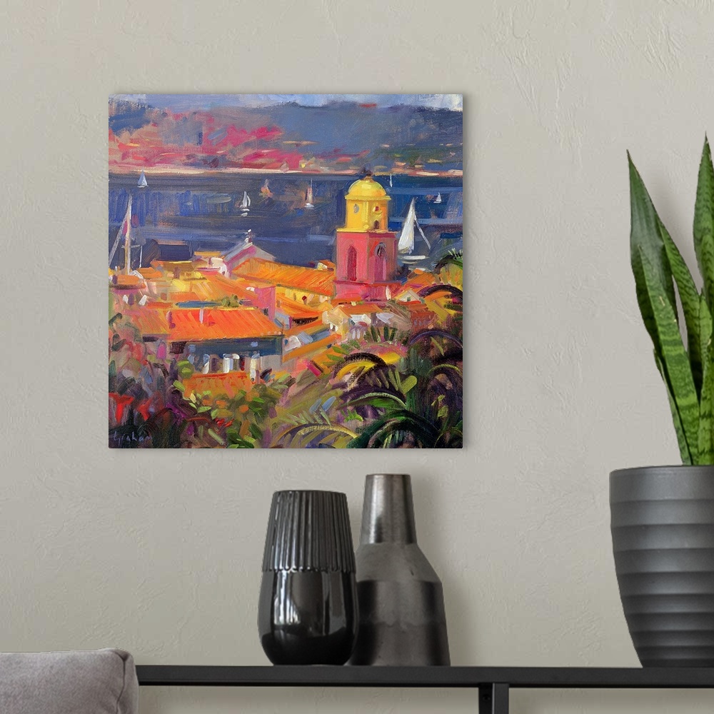 A modern room featuring Colorful oil painting of Mediterranean French Riviera with bright rooftops and waterfront that is...