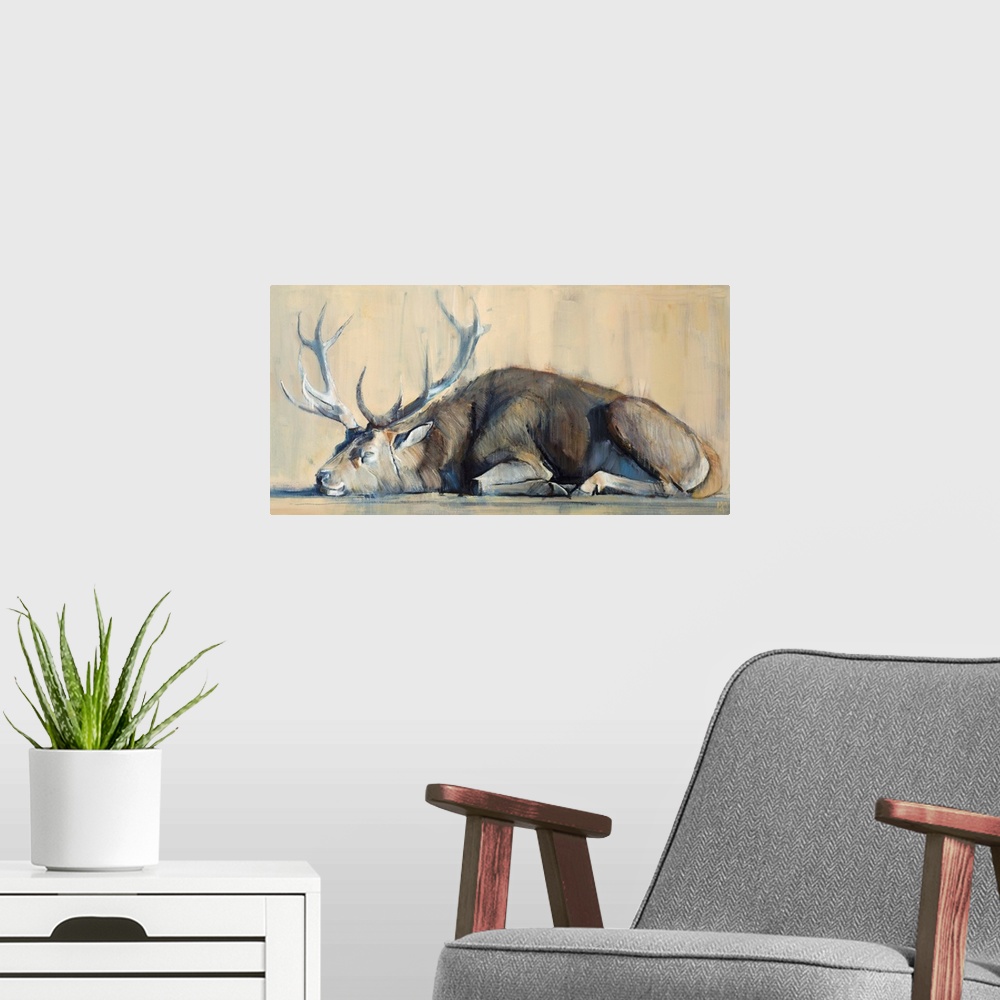 A modern room featuring Contemporary artwork of a stag against an earthy background.