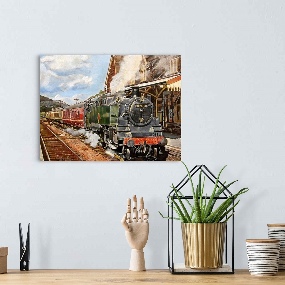 A bohemian room featuring Oil painting on canvas of a steam train pulling up to a train station.