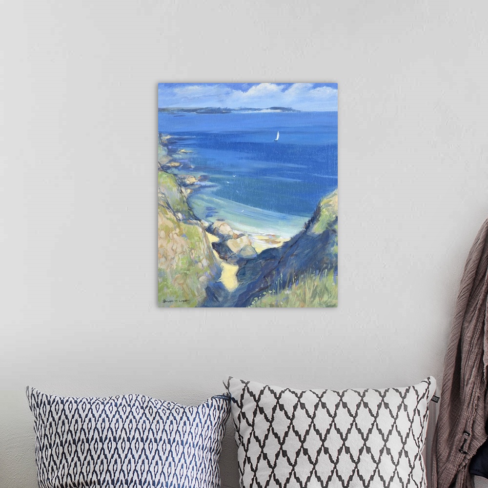 A bohemian room featuring Contemporary painting of sailboats on the water off the English coast.