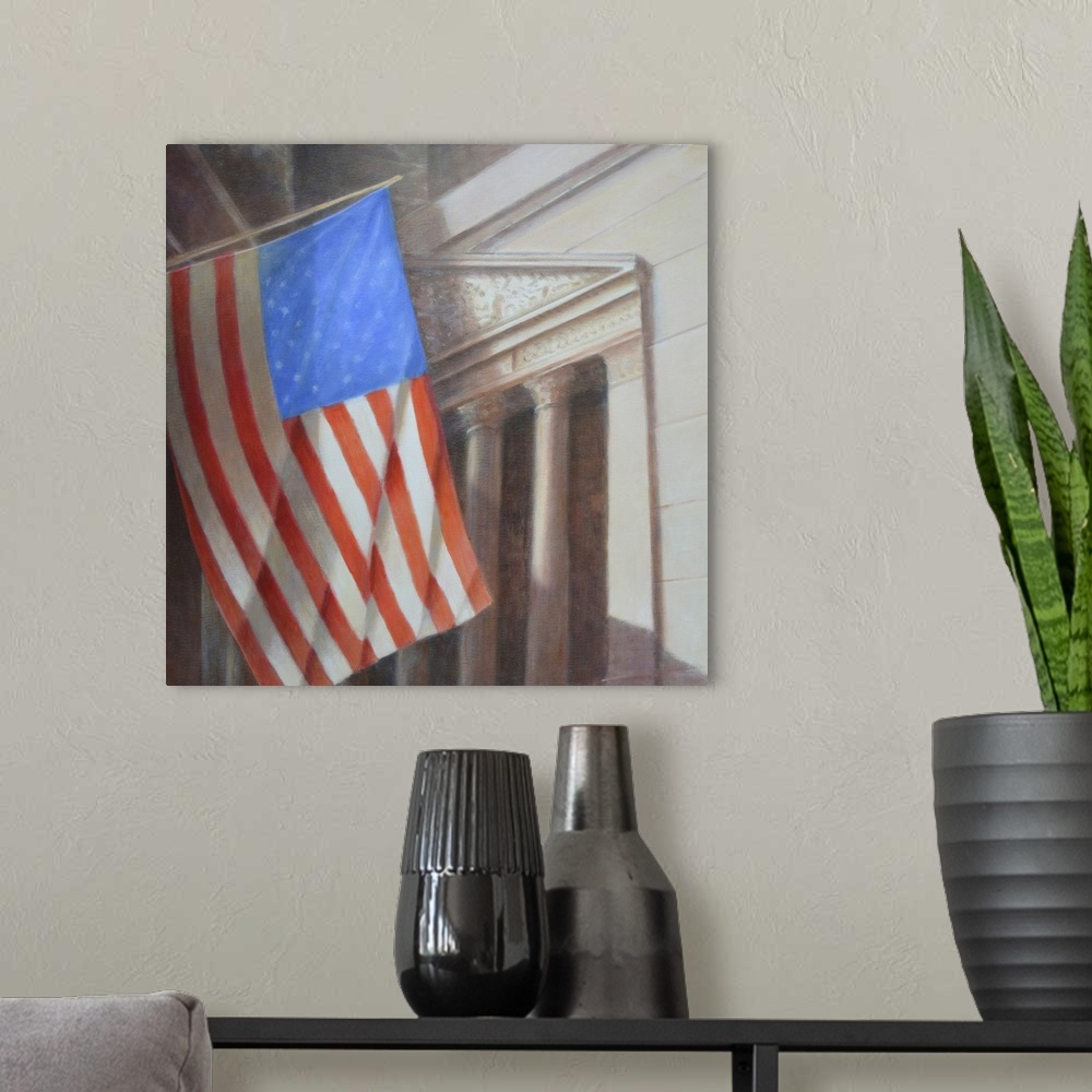 A modern room featuring Stars & Stripes, N.Y. Stock Exchange