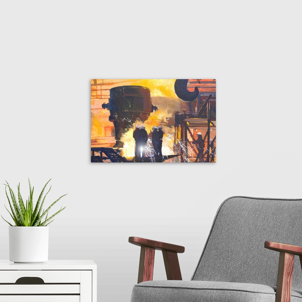 A modern room featuring Steelworks, 2015, originally oil on canvas.