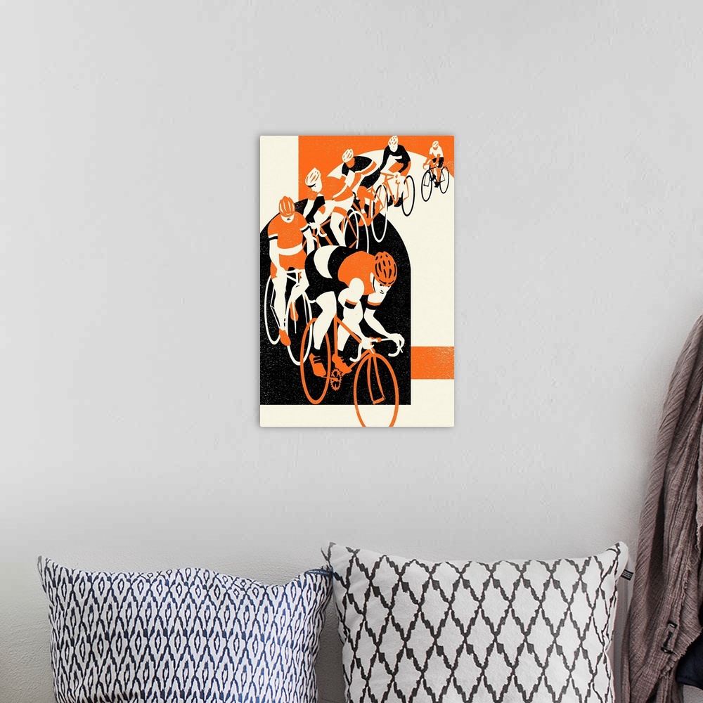 A bohemian room featuring Contemporary illustration of cyclists riding in a muted color scheme.