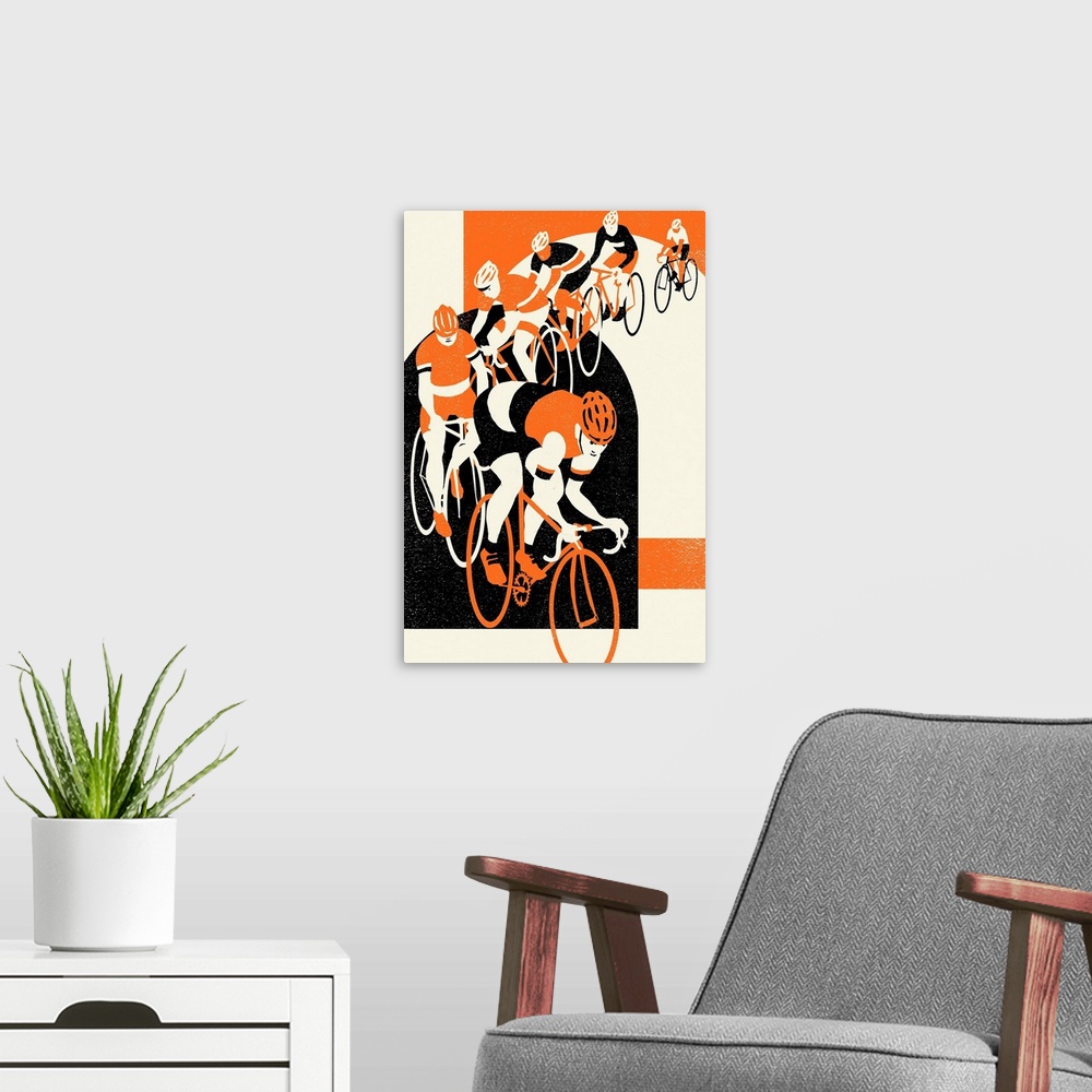 A modern room featuring Contemporary illustration of cyclists riding in a muted color scheme.