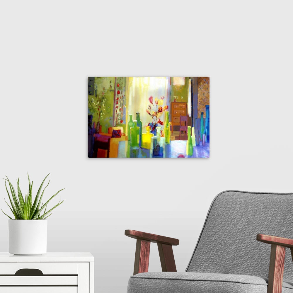 A modern room featuring Still Life, 2004, originally oil on canvas.
