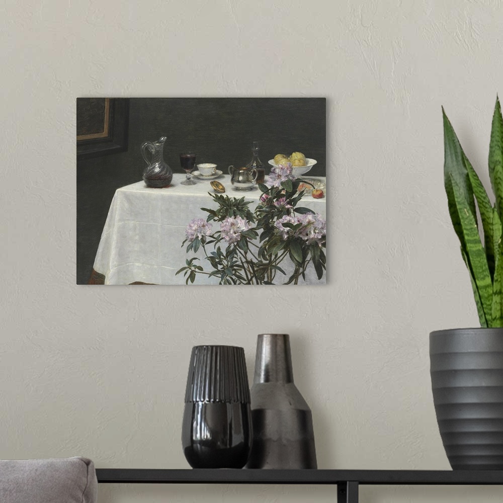 A modern room featuring Still Life: Corner of a Table, 1873, oil on canvas.