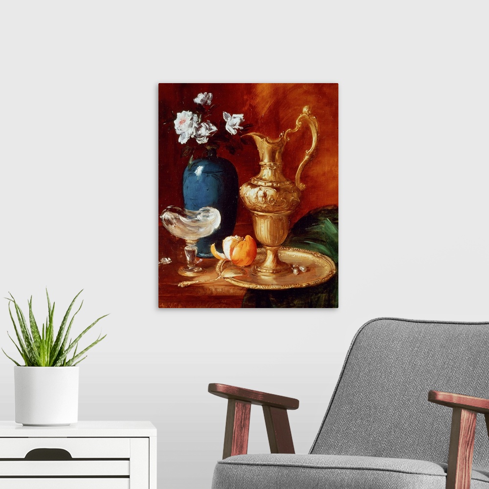 A modern room featuring BAL13222 Still life of a gilt ewer, vase of flowers and a facon de Venise bowl; by Vollon, Antoin...