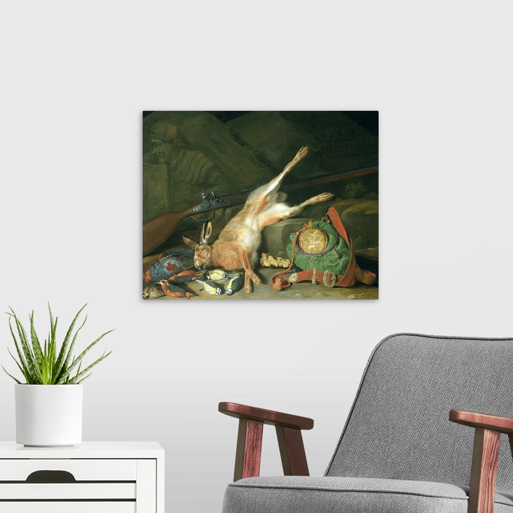 A modern room featuring Still Life of a Hare with Hunting Equipment