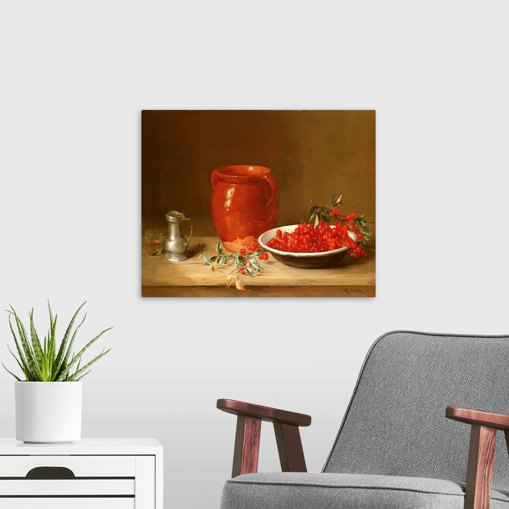 A modern room featuring Still life of cherries in a bowl