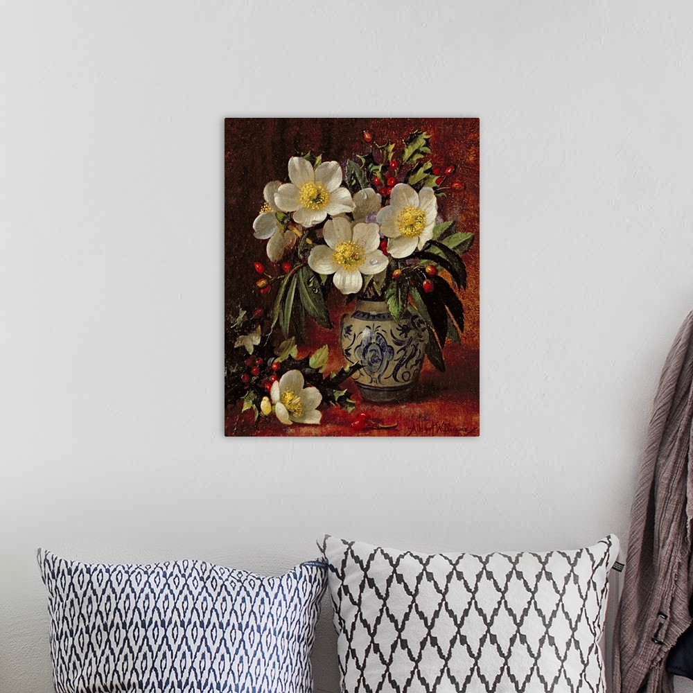 A bohemian room featuring Still Life of Christmas Roses and Holly