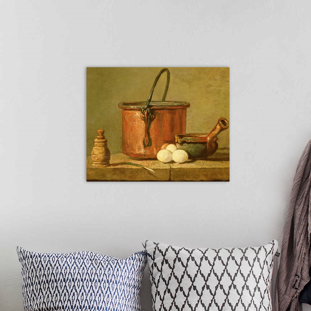 A bohemian room featuring XIR104622 Still Life of Cooking Utensils, Cauldron, Frying Pan and Eggs (oil on canvas)  by Chard...