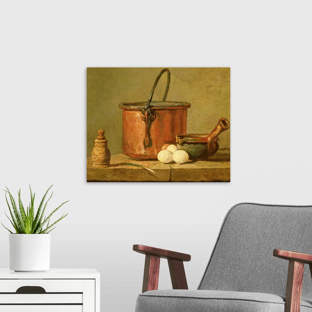A modern room featuring XIR104622 Still Life of Cooking Utensils, Cauldron, Frying Pan and Eggs (oil on canvas)  by Chard...