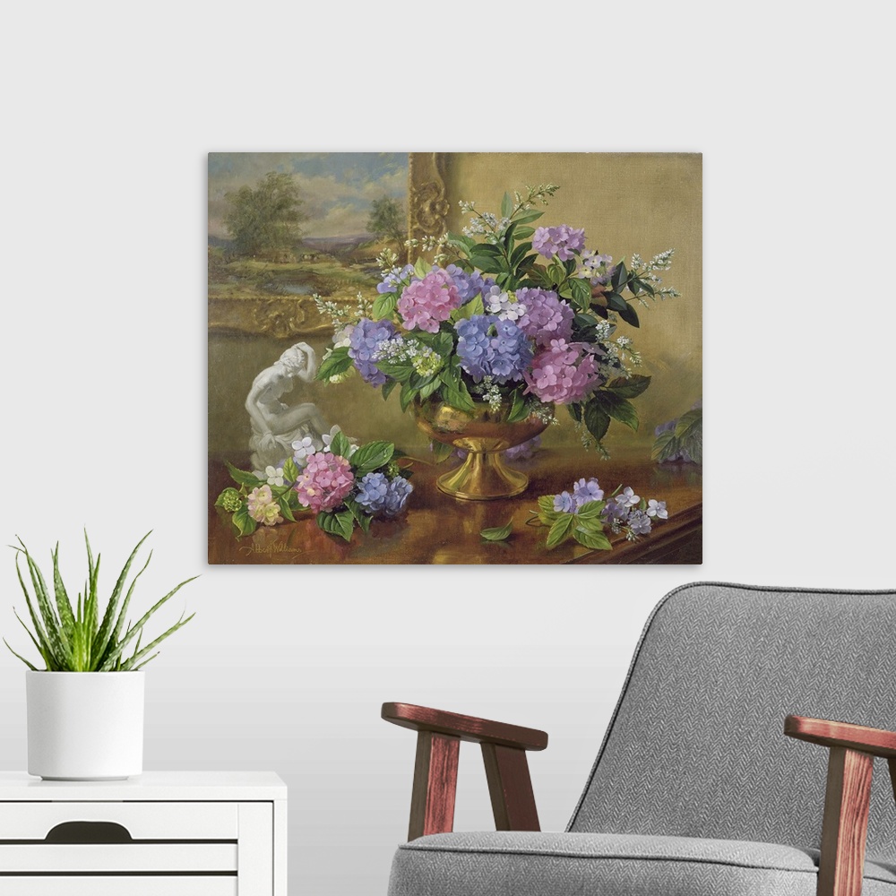 A modern room featuring Still Life Of Hydrangeas And Lilacs