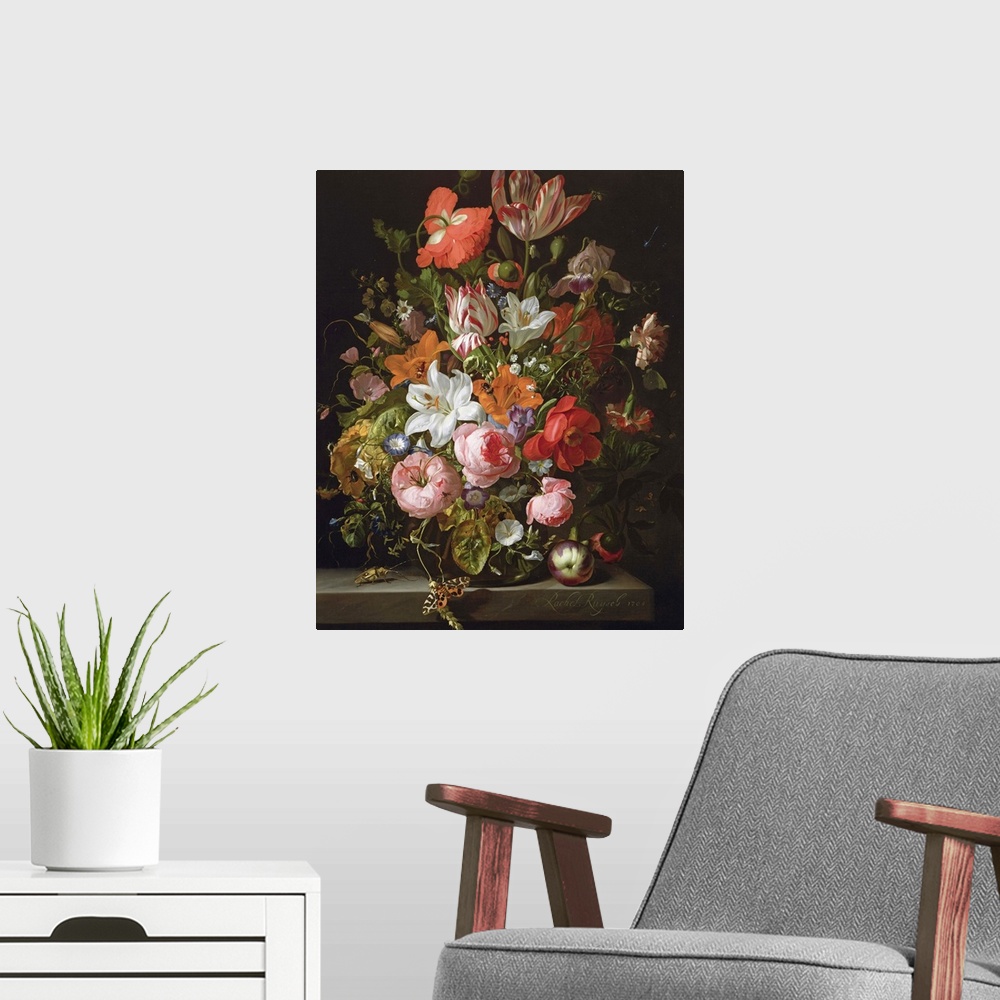 A modern room featuring BAL77032 Still life of roses, lilies, tulips and other flowers in a glass vase with a Brindled Be...