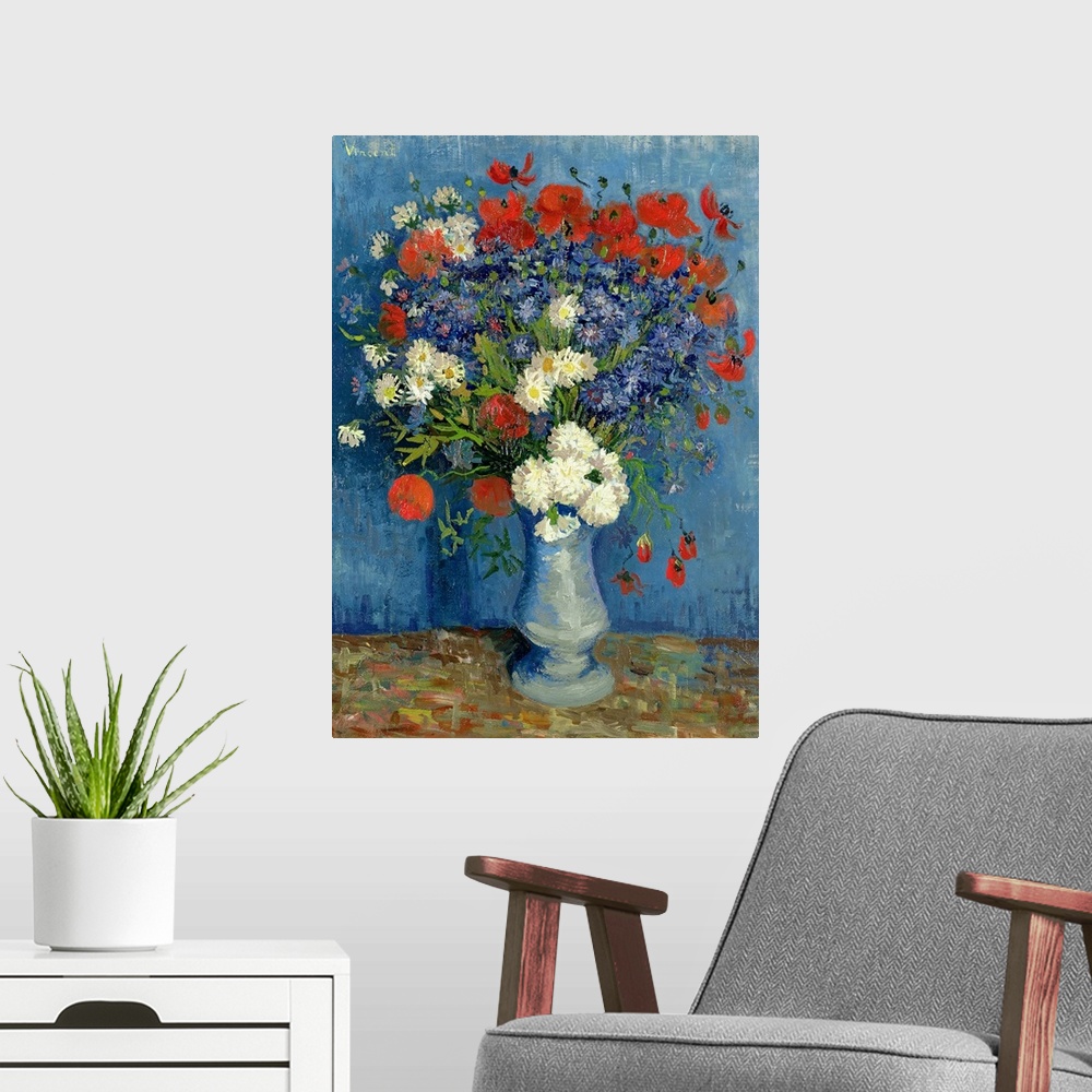 A modern room featuring Classic painting of a vessel containing a bouquet of fresh, bright flowers on a table against a w...