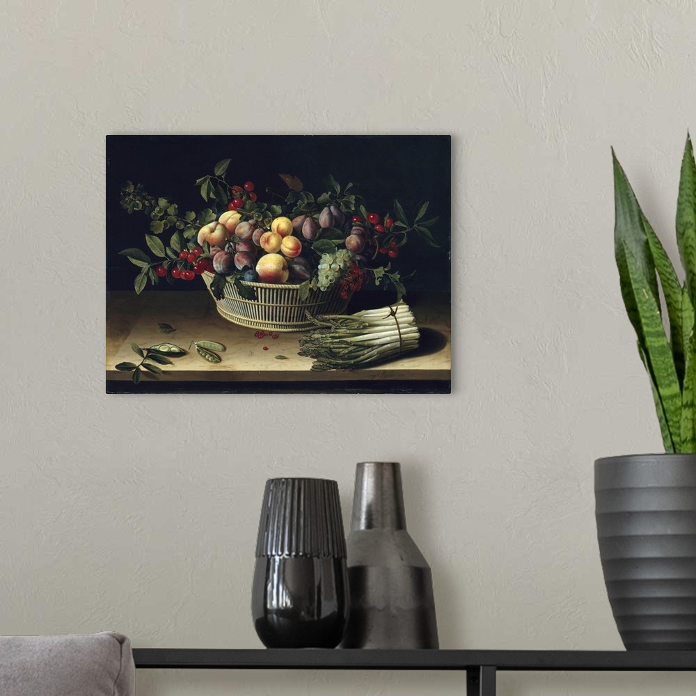 A modern room featuring Still life with a basket of fruit and a bunch of asparagus, 1630, oil on panel.